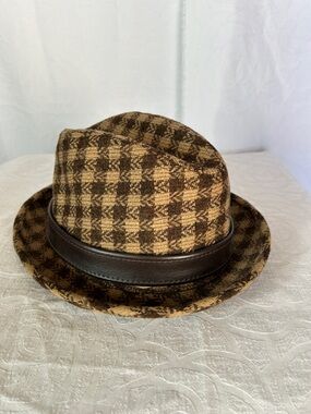 Vintage KNOX brown and tan houndstooth print men’s snap-back wool hat Size 7 1/4